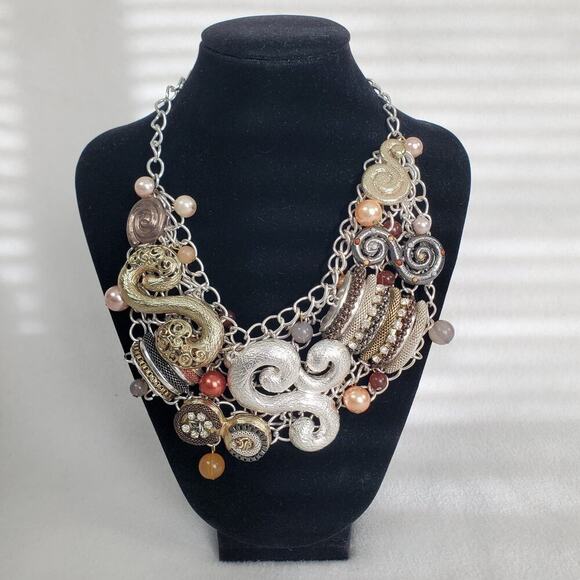 Lucia Multi-strand Metal, Pearl, Rhinestone Chunky Choker Necklace - Picture 1 of 7